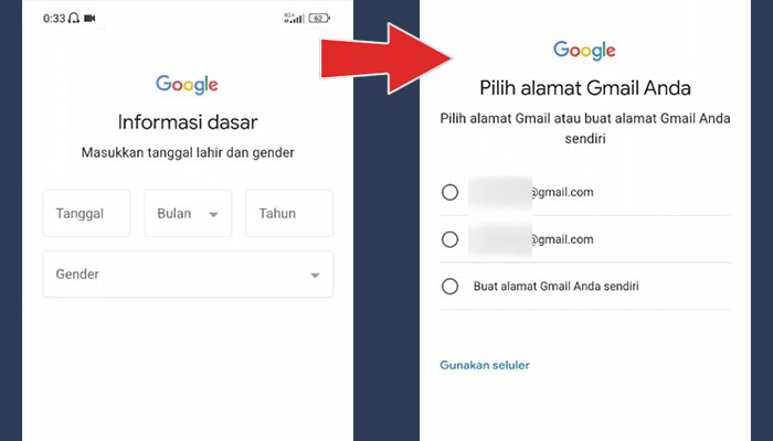 google informasi dasar tanggal lahir gender - pilih alamat gmail