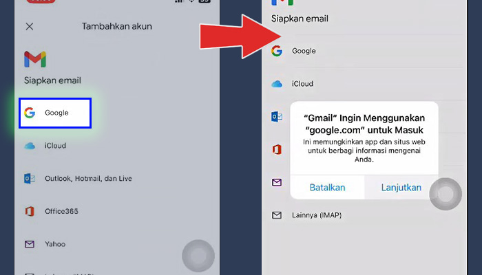 iphone tambahkan akun google - gmail lanjutkan
