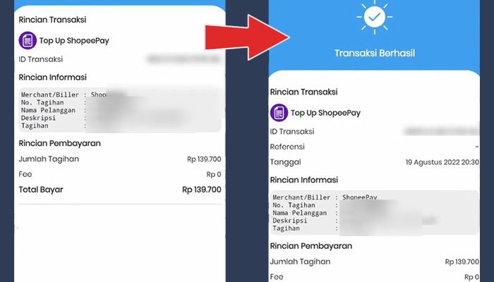 isaku rincian transaksi top up shopeepay - transaksi berhasil