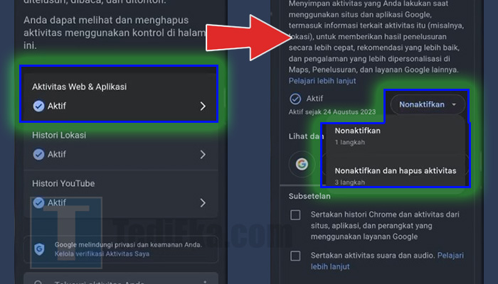 android pengaturan google aktivitas web dan aplikasi - nonaktifkan