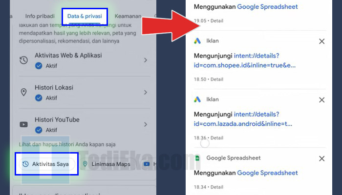 android pengaturan google data & privasi - aktivitas saya