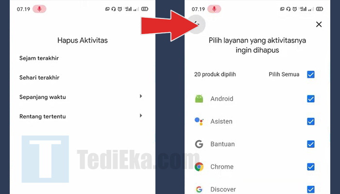 android pengaturan google hapus aktivitas rentang waktu - pilih layanan yang ingin dihapus