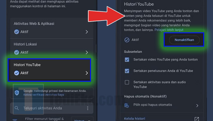 android pengaturan google histori youtube - nonaktifkan