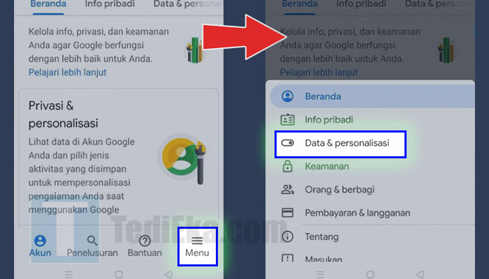 android pengaturan google menu - data dan personalisasi