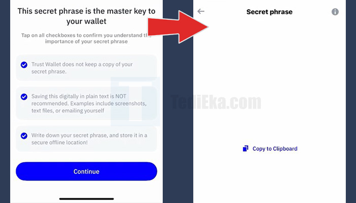 trust wallet continue - secret phrase