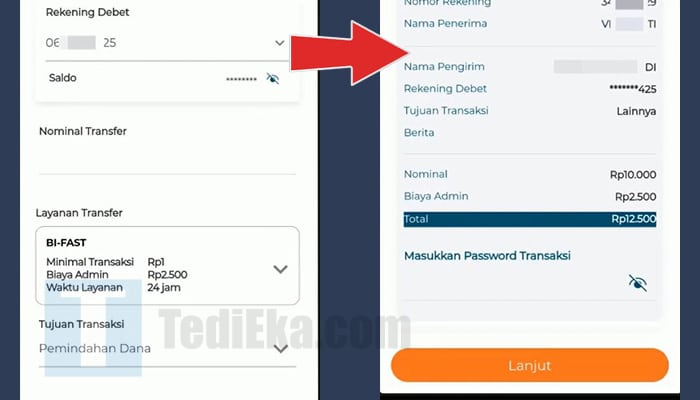 bni mobile transfer nominal transfer bi-fast - masukkan password transaksi lanjut