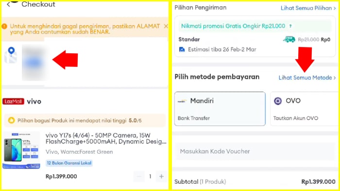 halaman checkout cek alamat dan lihat semua metode pembayaran