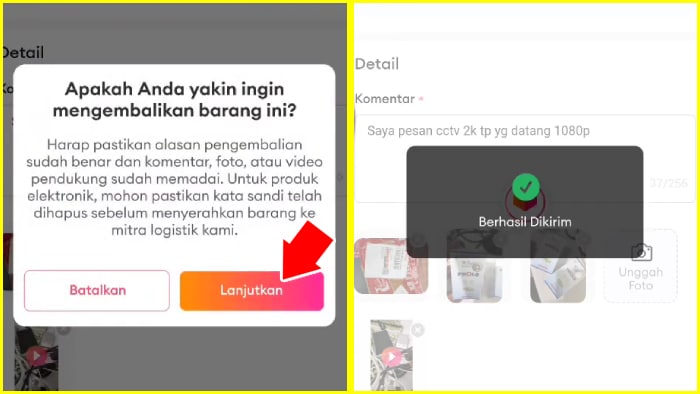 mengirimkan permintaan pengembalian barang ke lazada