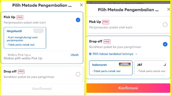 pilih opsi pick up atau drop off dari lazada