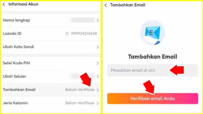 tambahkan email lalu verifikasikan email dengan kode dari lazada