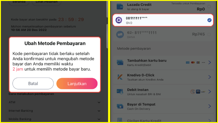 ubah metode pembayaran dan tentukan cara bayar yang baru ke lazada