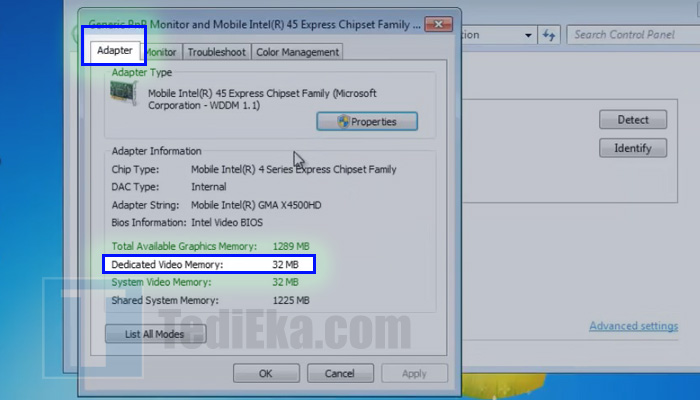 windows 7 adapter - dedicated video memory