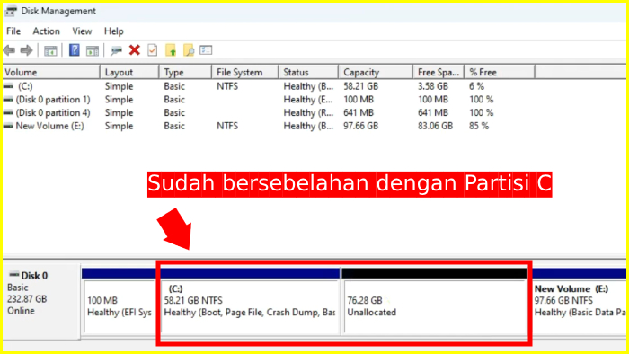 Ruang Tidak Teralokasi yang Bersebelahan dengan Partisi C