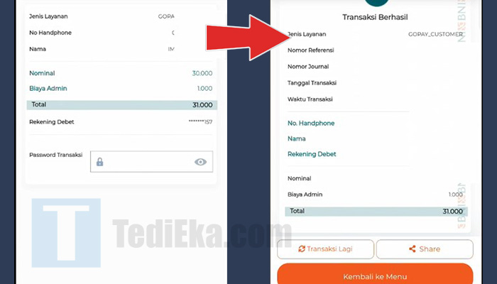 bni mobile banking e-wallet gopay password transaksi - berhasil