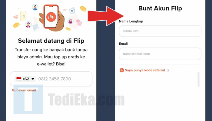 flip selamat datang - daftar menggunakan nomor hp atau email - masukkan nama lengkap dan email