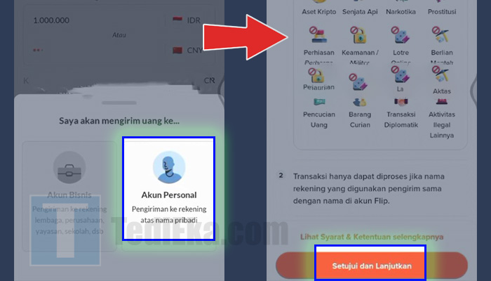 flip transfer ke luar negeri akun personal - setujui dan lanjut