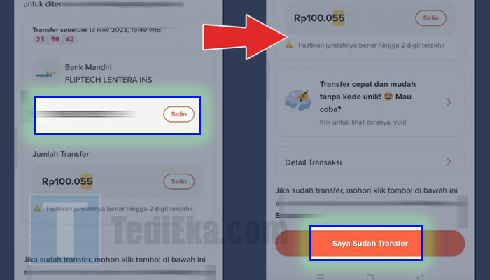 flip transfer salin nomor rekening - saya sudah transfer