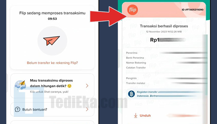 flip transfer sedang memproses transaksi - berhasil