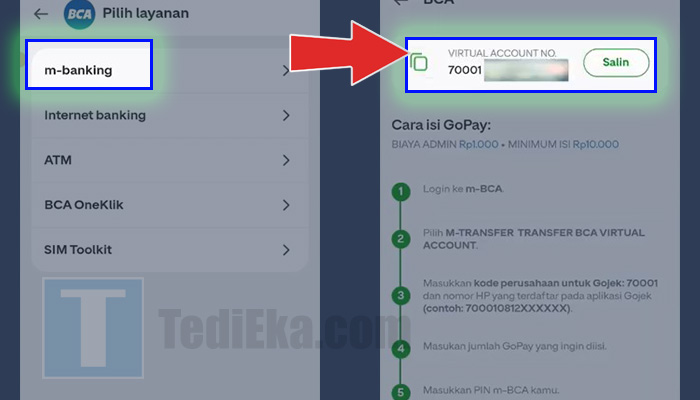 gopay top up m-banking bca - salin virtual account