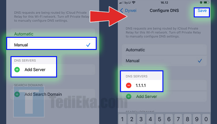 iphone dns manual - add server - 1111 - save