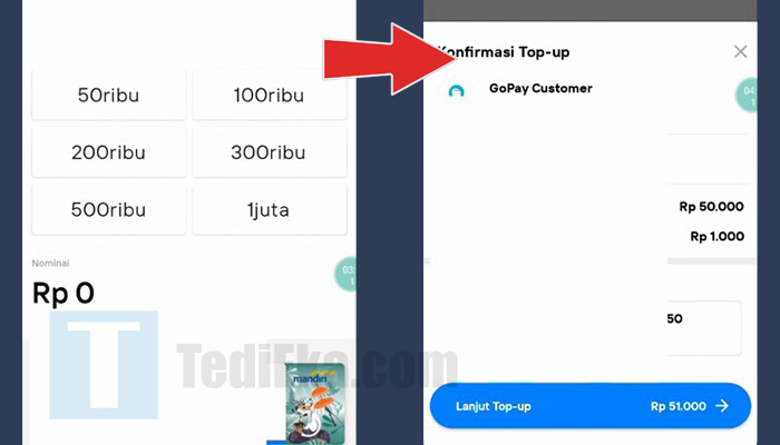 mandiri livin top up gopay customer nominal - konfirmasi