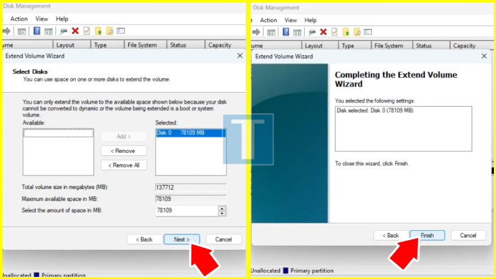 menyelesaikan proses extend volume wizard