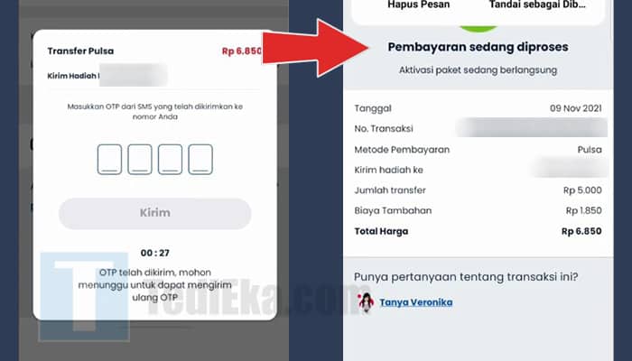 mytelkomsel transfer pulsa kode otp - pembayaran sedang diproses