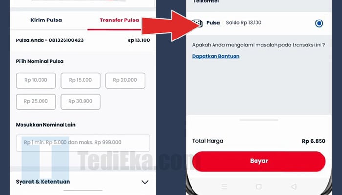 mytelkomsel transfer pulsa pilih nominal - konfirmasi total harga