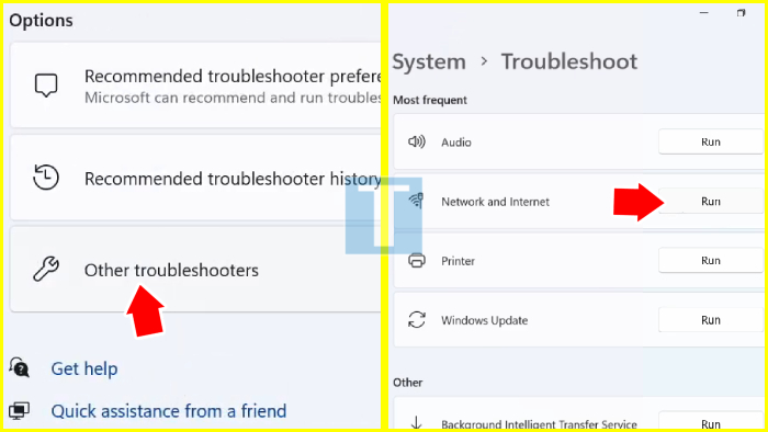pilih other troubleshooters run network and internet