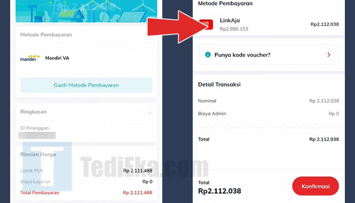 pln mobile metode pembayaran - konfirmasi
