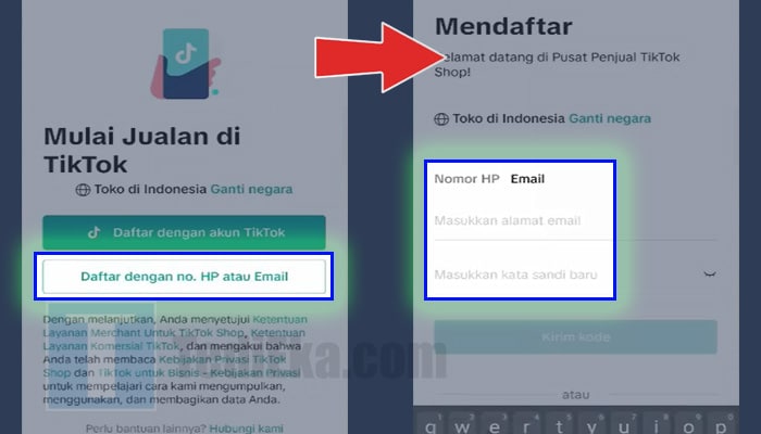 tiktok shop seller center dafar dengan no hp atau email