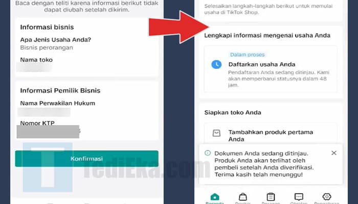 tiktok shop seller center konfirmasi data pribadi - pendaftaran usaha dalam proses