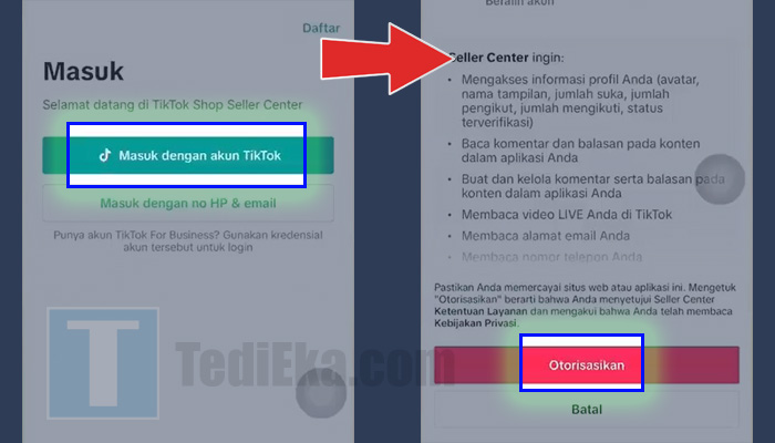 tiktok shop seller center masuk dengan akun tiktok - otorisasikan