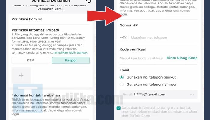 tiktok shop seller center upload ktp - verifikasi nomor atau email