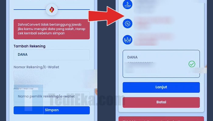 zahraconvert telkomsel dana - nomor rekening telepon - konfirmasi