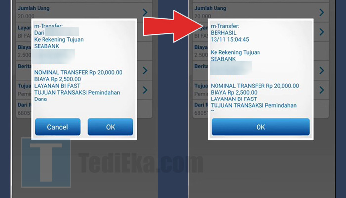 bca mobile konfirmasi transfer ke seabank - berhasil