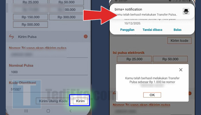 bimatri kirim pulsa - berhasil