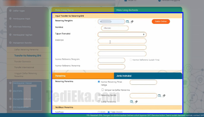 bni direct transfer isi data rekening bni
