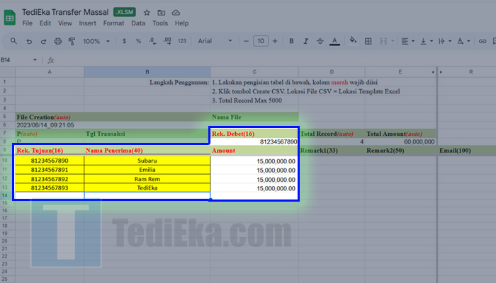 google sheet edit data transfer massal bni direct