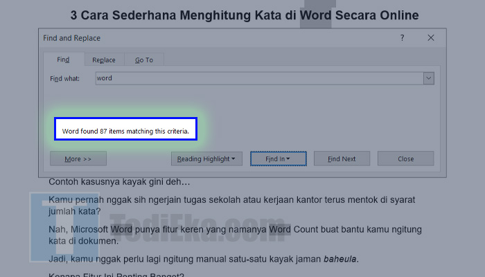 microsoft word kata ditemukan sebanyak berapa kali