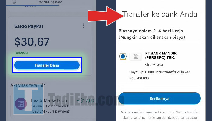 paypal transfer dana - bank mandiri