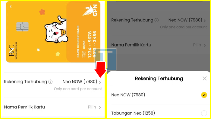 pilih rekening mana untuk kartu atm bank neo