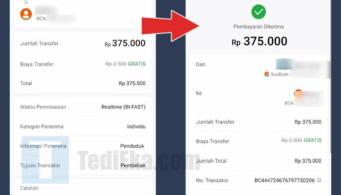 seabank transfer konfirmasi - transaksi berhasil