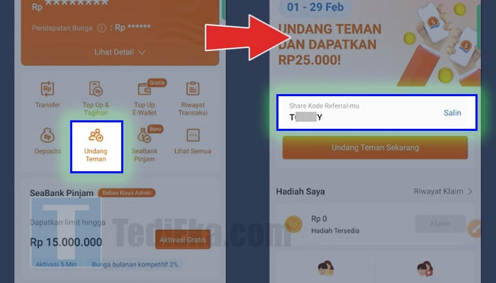 seabank undang teman - salin kode referral