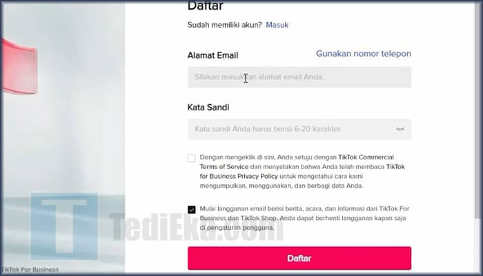 tiktok ads daftar alamat email password