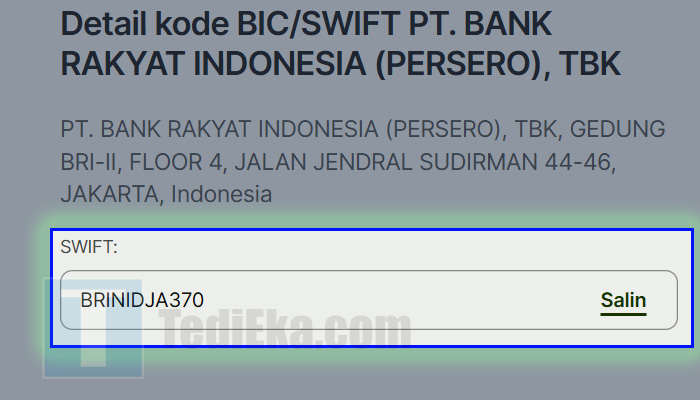 wise.com kode swift bri kantor cabang lokal jakarta