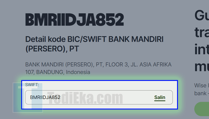 wise.com swift kode bank mandiri bandung