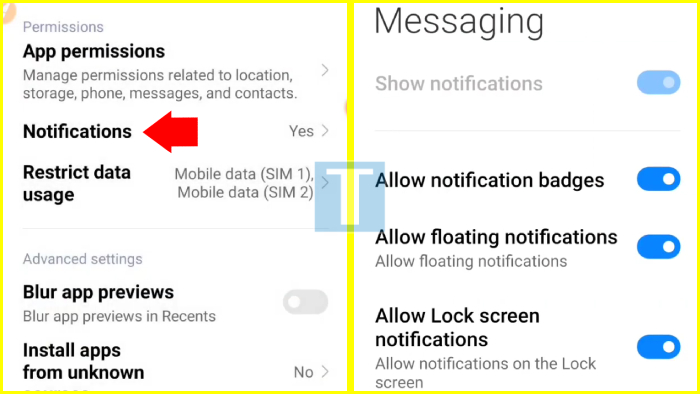 Pastikan fitur notifikasi aktif pesan aktif semua