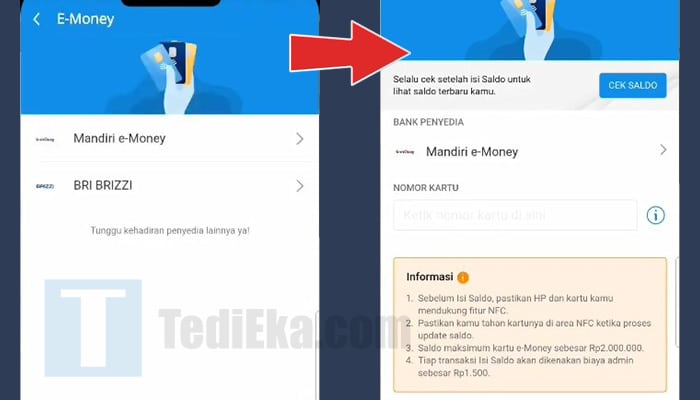 dana uang elekronik pilih e-money - masukkan nomor kartu