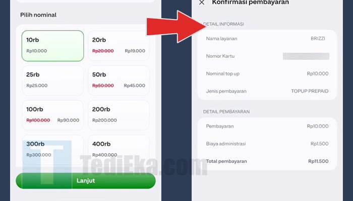 gopay pilih nominal jumlah saldo - konfirmasi pembayaran brizzi